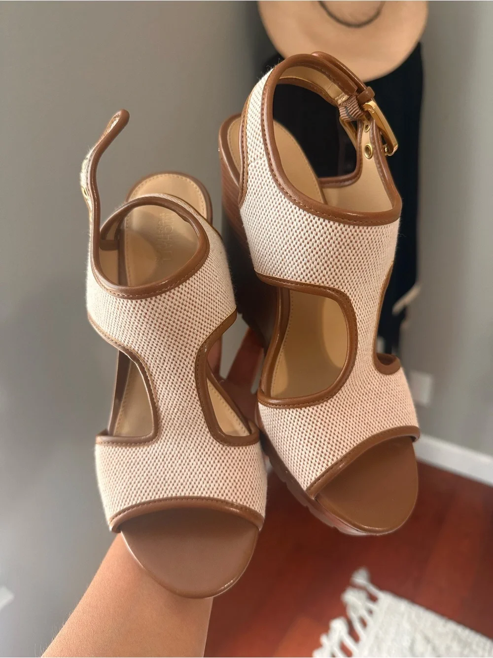 Michael Kors Gillian Wedge Euro Summer Sandals with Cream and Brown Leather Trim